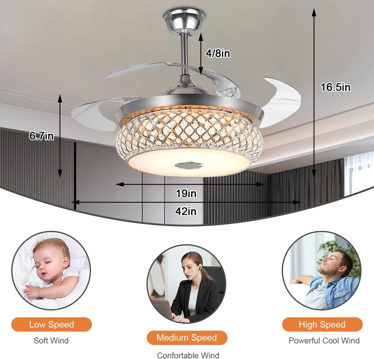 42 Inch Crystal Ceiling Fans with Lights Retractable Fandelier with Remote Control with 3 Colors 3 Speed Chandelier Fan for Living Room Dining Room Bedroom，Silver