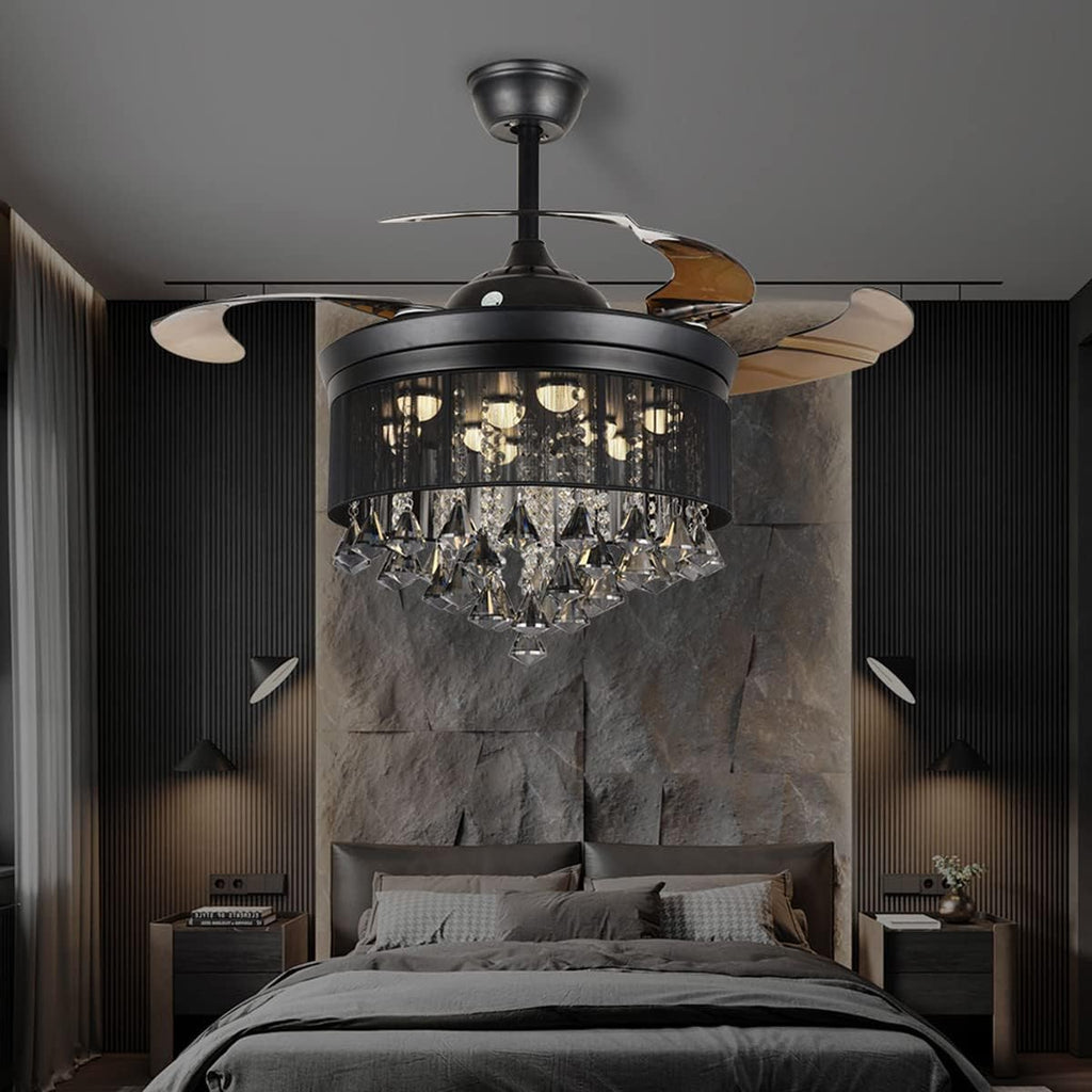 42'' Modern Crystal Ceiling Fans Light with Remote Retractable Blade Ceiling Fan Chandelier LED 3 Colors 3 Speed Fandelier Lighting Indoor for Living Room, Bedroom, Dining Room(Black)