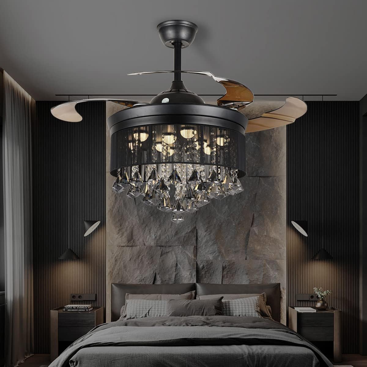 42'' Modern Crystal Ceiling Fans Light with Remote Retractable Blade Ceiling Fan Chandelier LED 3 Colors 3 Speed Fandelier Lighting Indoor for Living Room, Bedroom, Dining Room(Black)