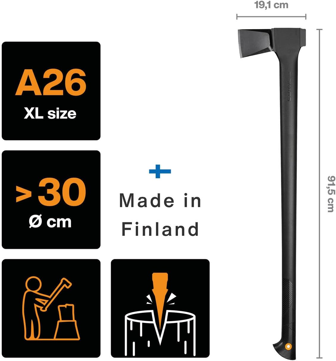 Fiskars Spaltaxt XL, Solid, Mit Klingen- und Transportschutz, Antihaftbeschichtet, Hochwertige Stahl-Klinge/Glasfaserverstärkter Kunststoff-Stiel, Schwarz/Orange, A26, Länge: 92 cm, 2,6 kg, 1052043