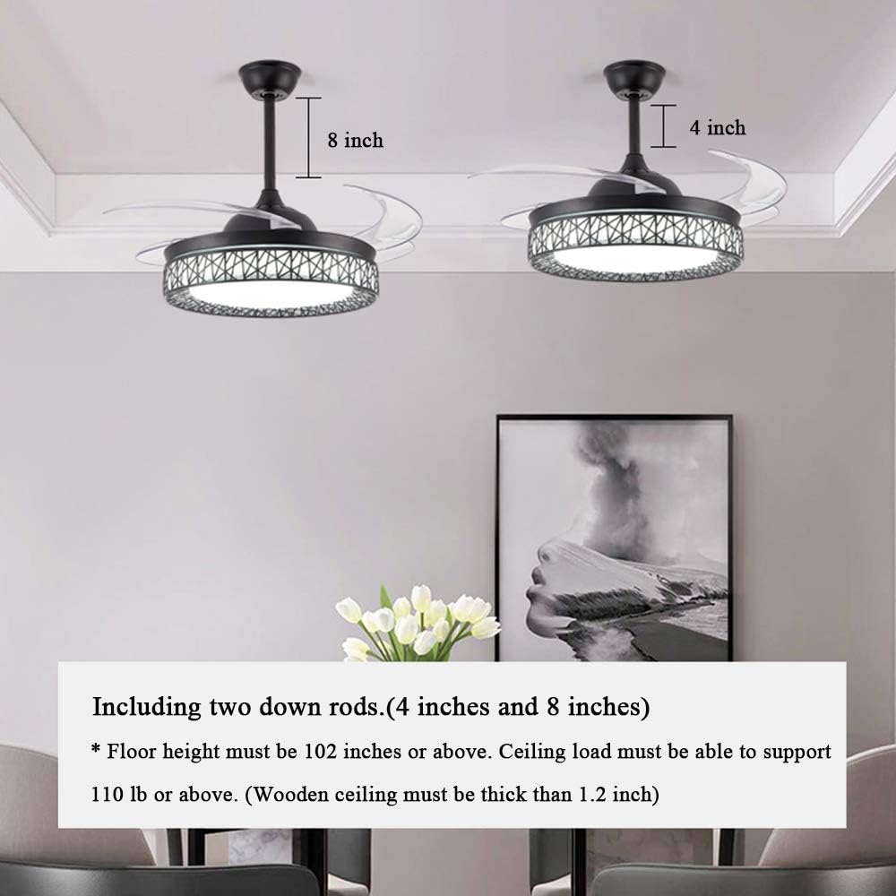42' Ceiling Fan with Light, Modern Invisible Ceiling Fan Chandelier with Retractable Blade, Dimmable LED 3 Lighting 3 Speeds Change Ceiling Fans Lights with Remote Control (Black)