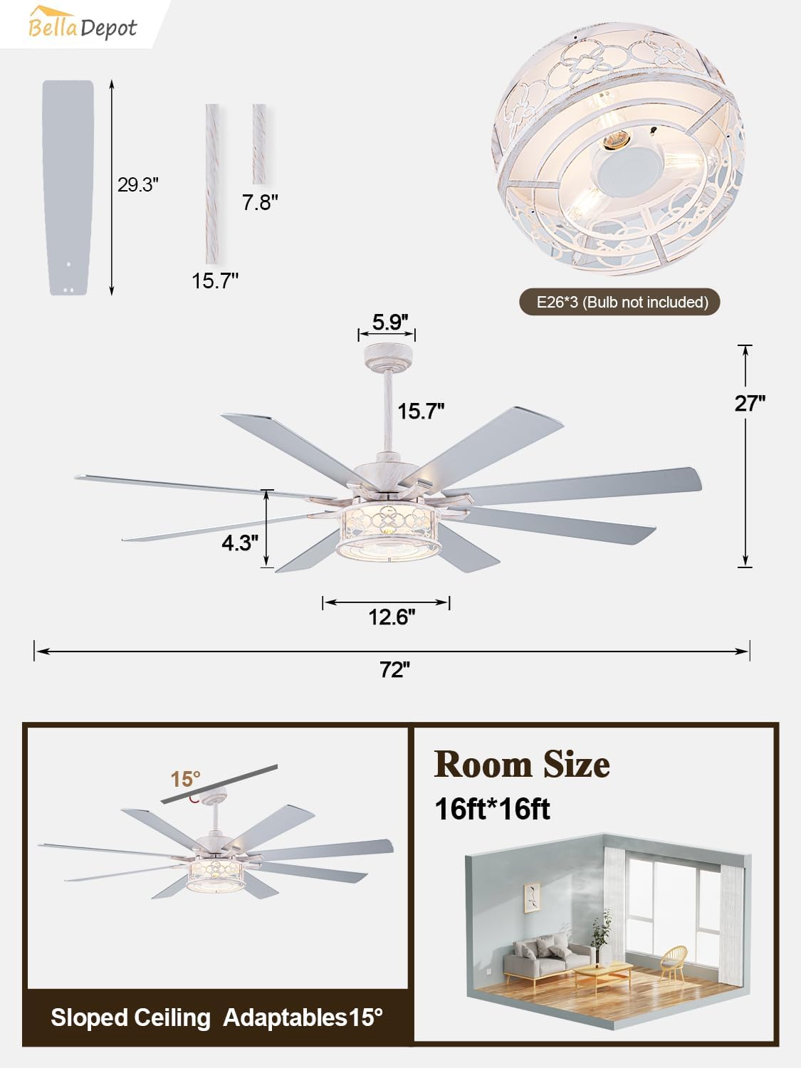 72 Inch Farmhouse Ceiling Fan with Lights Large Chandelier Caged Fan with Quiet Reversible DC Motor Rustic Fan with Wooden Blades White - Ideal for Bedroom, Living Room, Dining Room, Any Big Spaces