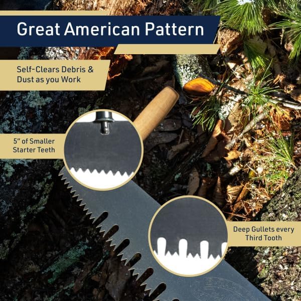 Hand Saw for Wood Cutting - 3' One Man Crosscut Saw for Logging with Screw-on Auxiliary Handle, Great American Style Teeth, and Self-Clearing Gullets by Kings County Tools