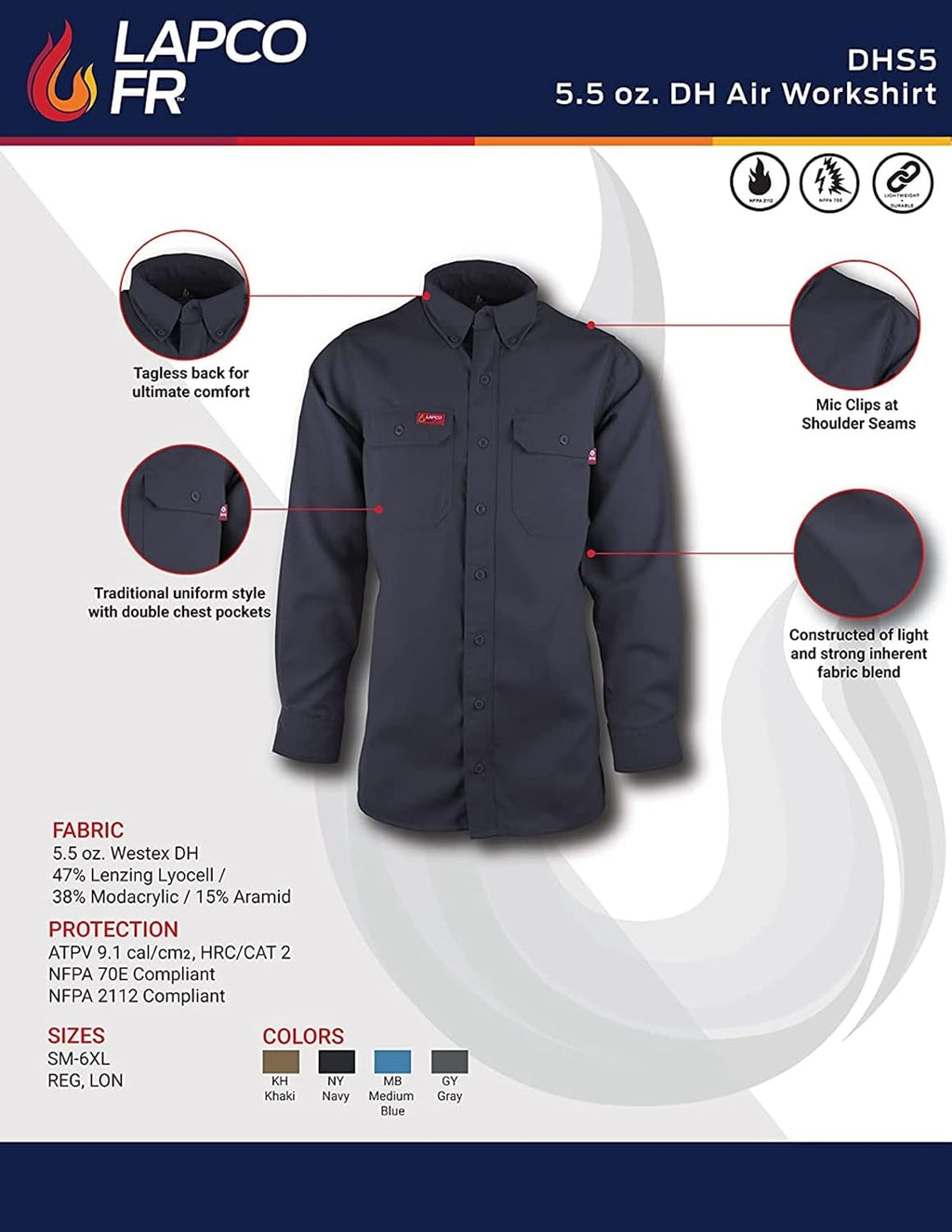 LAPCO FR Men's 5.5oz. Westex DH Air Work Shirt, Gray, MED Regular