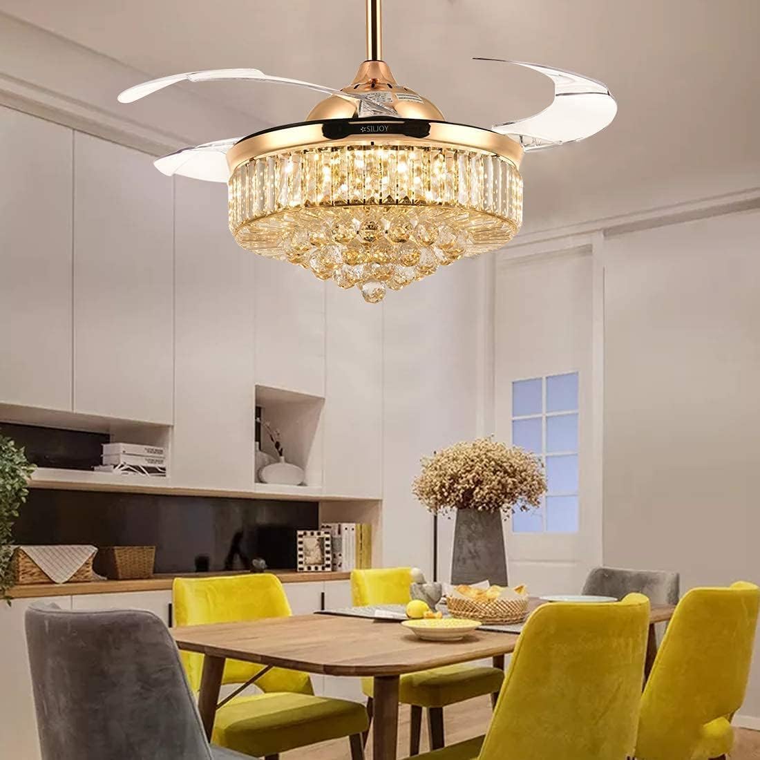 36'' Fandelier Ceiling Fans with Light, Chandelier Gold Ceiling Fan, Retractable Crystal Ceiling Fan for Bedroom, Living Room, 3 Color Change, LED Dimmable, 6 Speeds, Reversible DC Motor