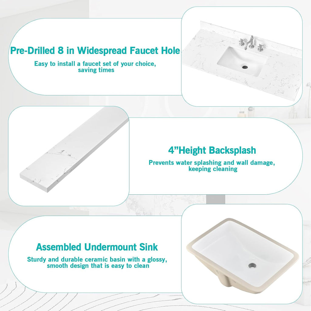 42'x22' Engineered Stone Bathroom Vanity Top with Rectangular Undermount Ceramic Middle Sink, 8 Inch Faucet Hole Spread with Backsplash Bathroom Vanity Sink Top (Cabinet Not Included)