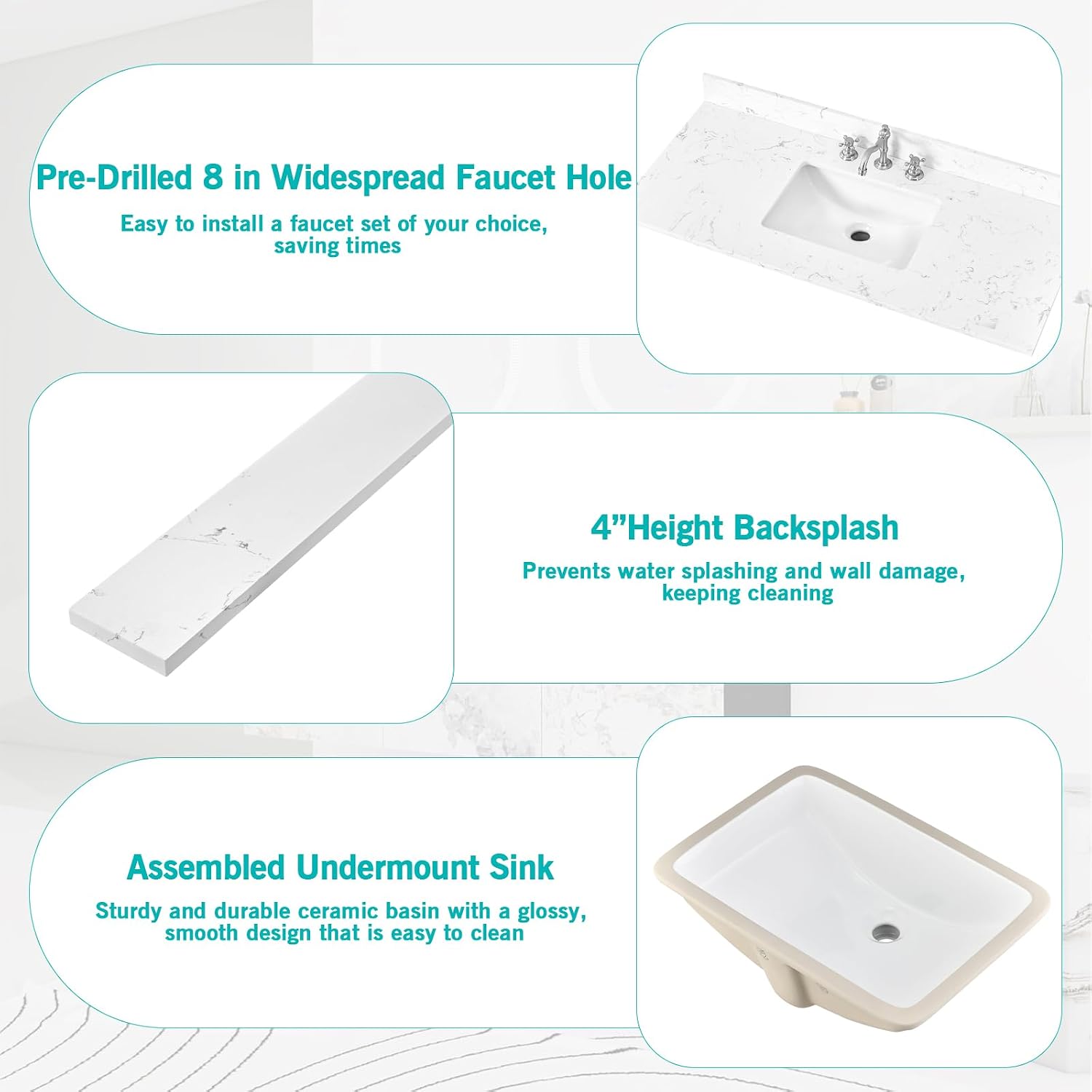 42'x22' Engineered Stone Bathroom Vanity Top with Rectangular Undermount Ceramic Middle Sink, 8 Inch Faucet Hole Spread with Backsplash Bathroom Vanity Sink Top (Cabinet Not Included)