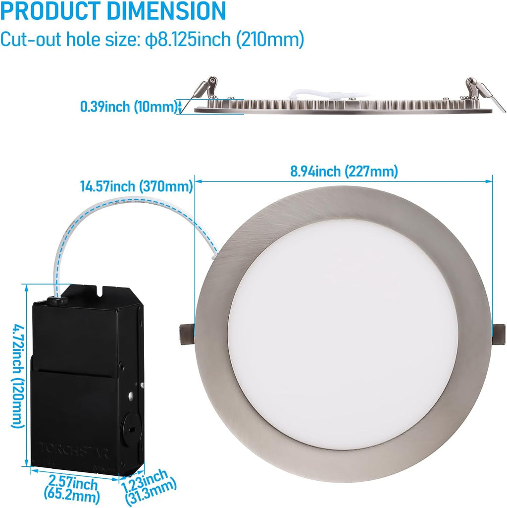 TORCHSTAR E-Lite Series 8 Inch Slim Recessed Lighting with J-Box, 18W Ultra-Thin LED Recessed Light, Dimmable Canless Downlight, ETL&ES Listed, CRI90, 2700K Soft White, Satin Nickel, Pack of 6