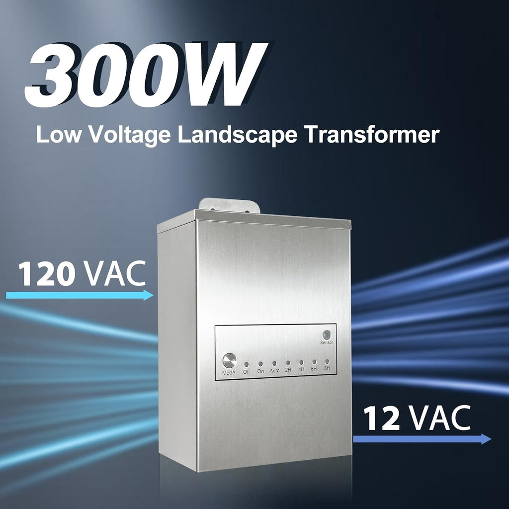 300W Outdoor Low Voltage Transformers with Sensor and Weather Shield for Low Voltage Landscape Lighting Spotlight Outdoor Transformer 120V Input 12V Output, ETL Listed