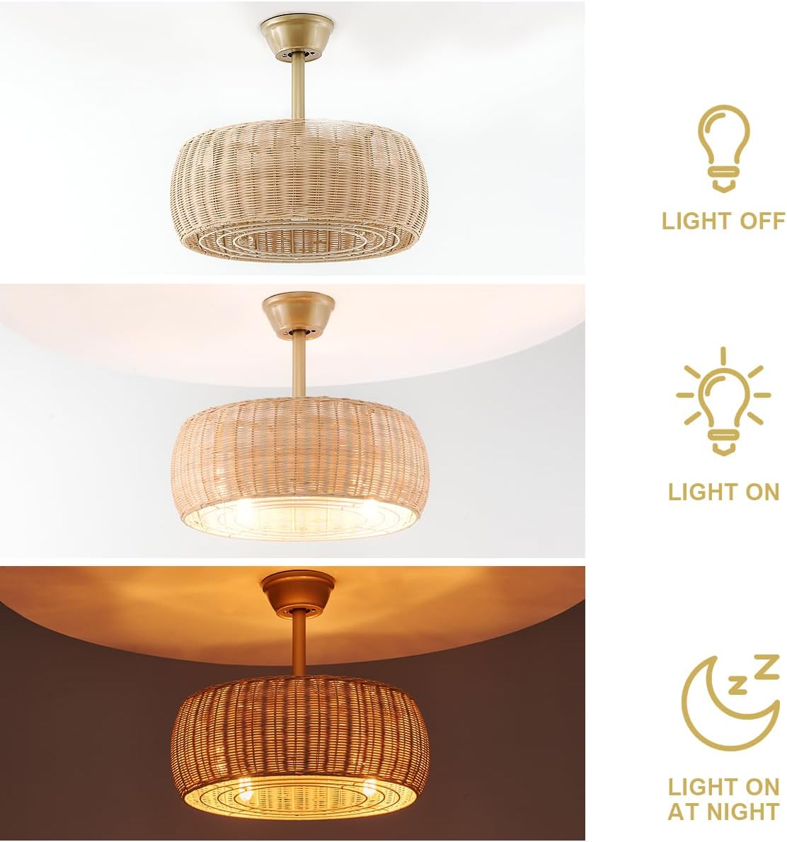 18.1' Rattan Caged Ceiling Fan with Lights 4-Light Beige Fandelier with Light Boho Bamboo Chandelier Fan with Light Reversible Motor, Remote Wicker Pendant Light with Fan for Bedroom Living Room