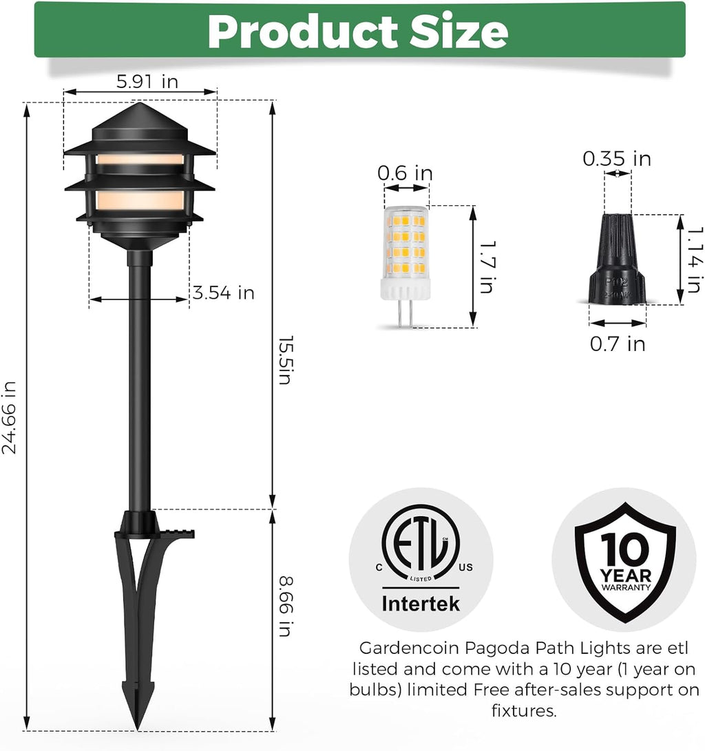 Gardencoin Pagoda Low Voltage Landscape Pathway Lights, 12V Outdoor LED Path Lights Wired, Aluminum Walkway Lighting with 4W 2700K Replaceable G4 Bulb, Classic 3-Tier Lantern, 6 Pack