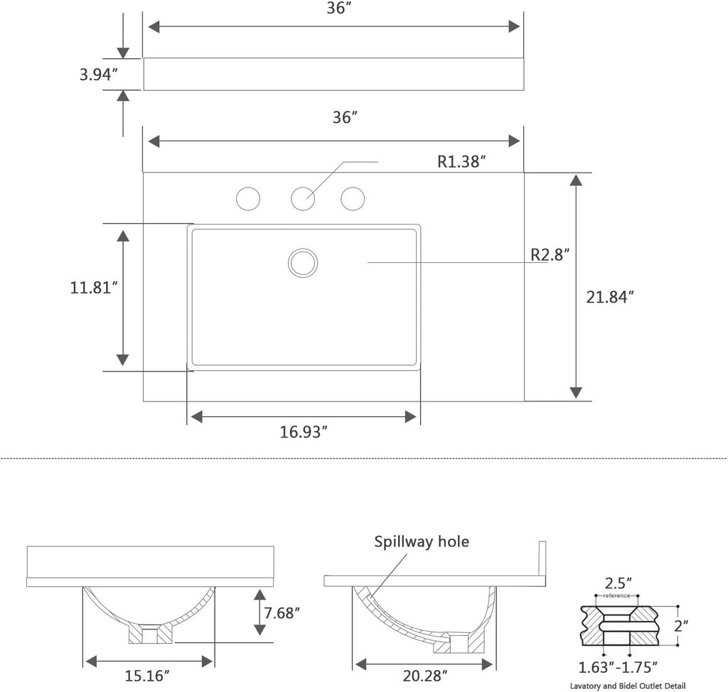 36 Inch Engineered Stone Bathroom Vanity Sink Top, with Undermount Rectangular Right Side Sink, Vanity Countertop with 8 inch Faucet Hole Spacing and Backsplash in Lightning White