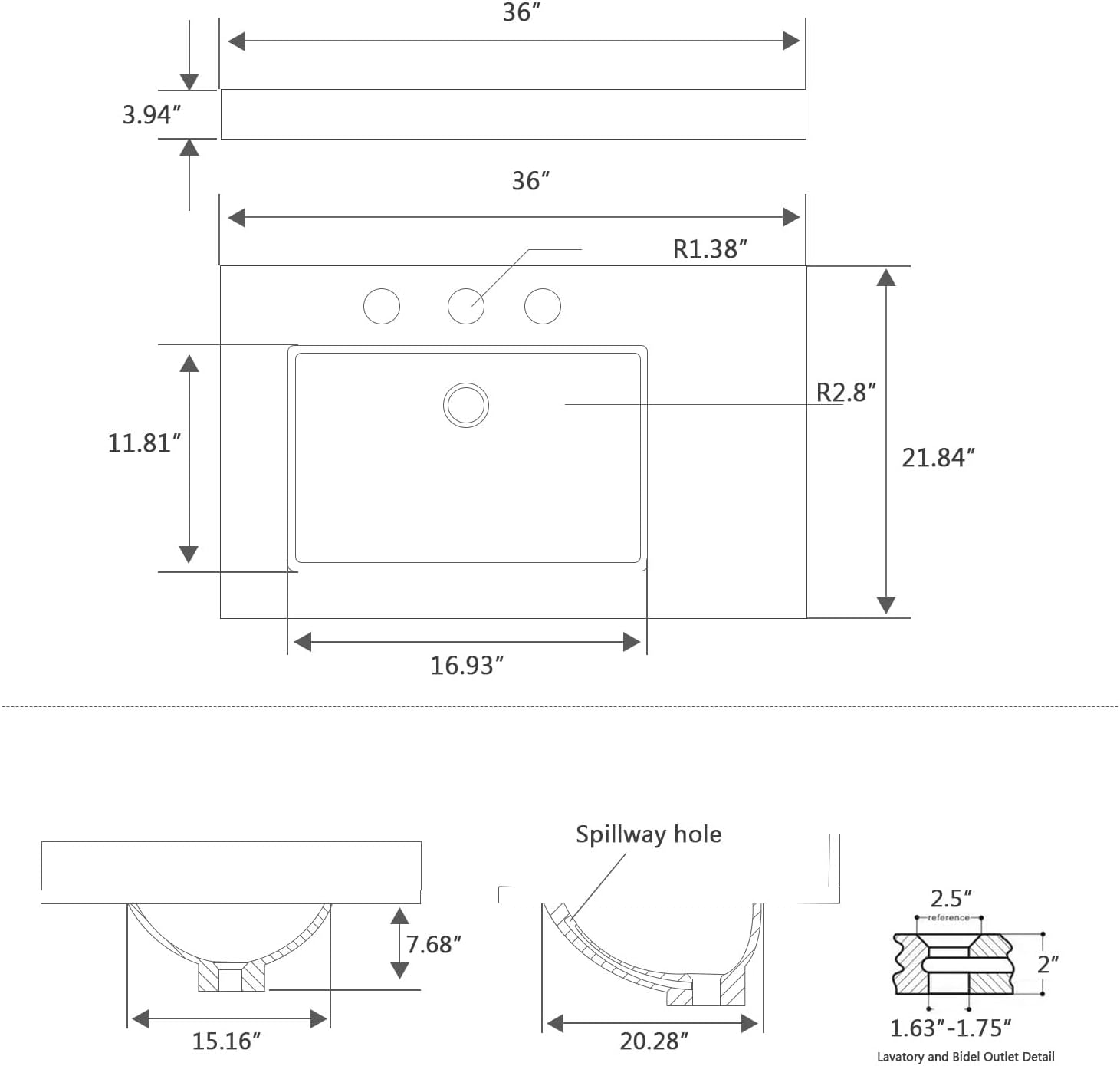 36 Inch Engineered Stone Bathroom Vanity Sink Top, with Undermount Rectangular Right Side Sink, Vanity Countertop with 8 inch Faucet Hole Spacing and Backsplash in Lightning White