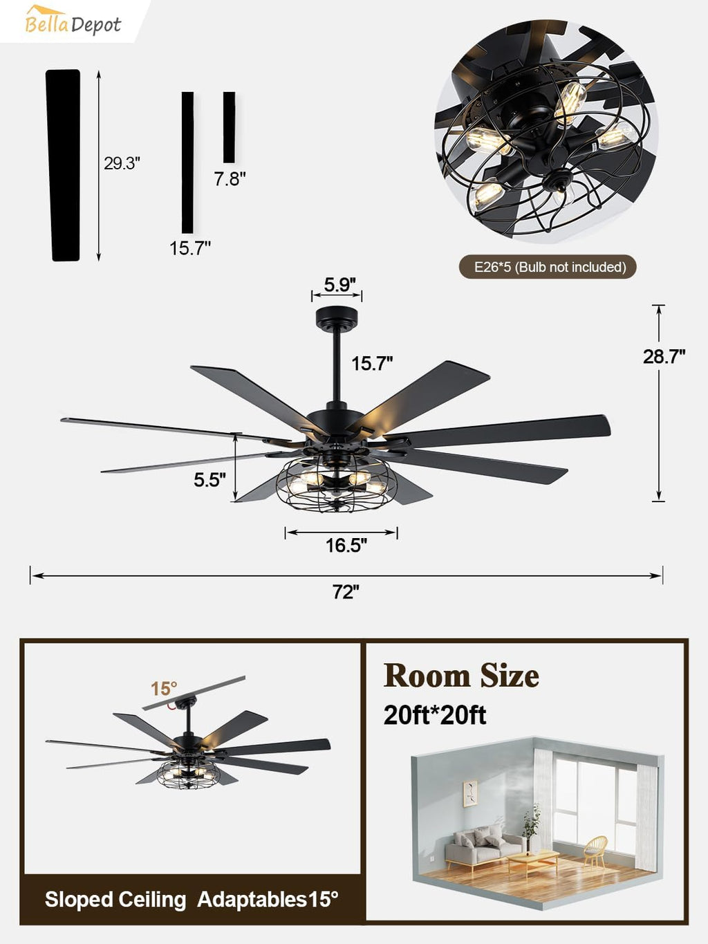 Bella Depot 72 Inch Large Farmhouse Ceiling Fan Industrial Big Chandelier Ceiling Fan with Light, 6-Speed, Reversible, Timing Option - Ideal for Bedroom, Living Room, Covered Patio