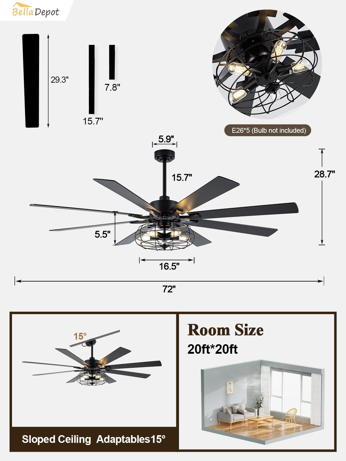 Bella Depot 72 Inch Large Farmhouse Ceiling Fan Industrial Big Chandelier Ceiling Fan with Light, 6-Speed, Reversible, Timing Option - Ideal for Bedroom, Living Room, Covered Patio