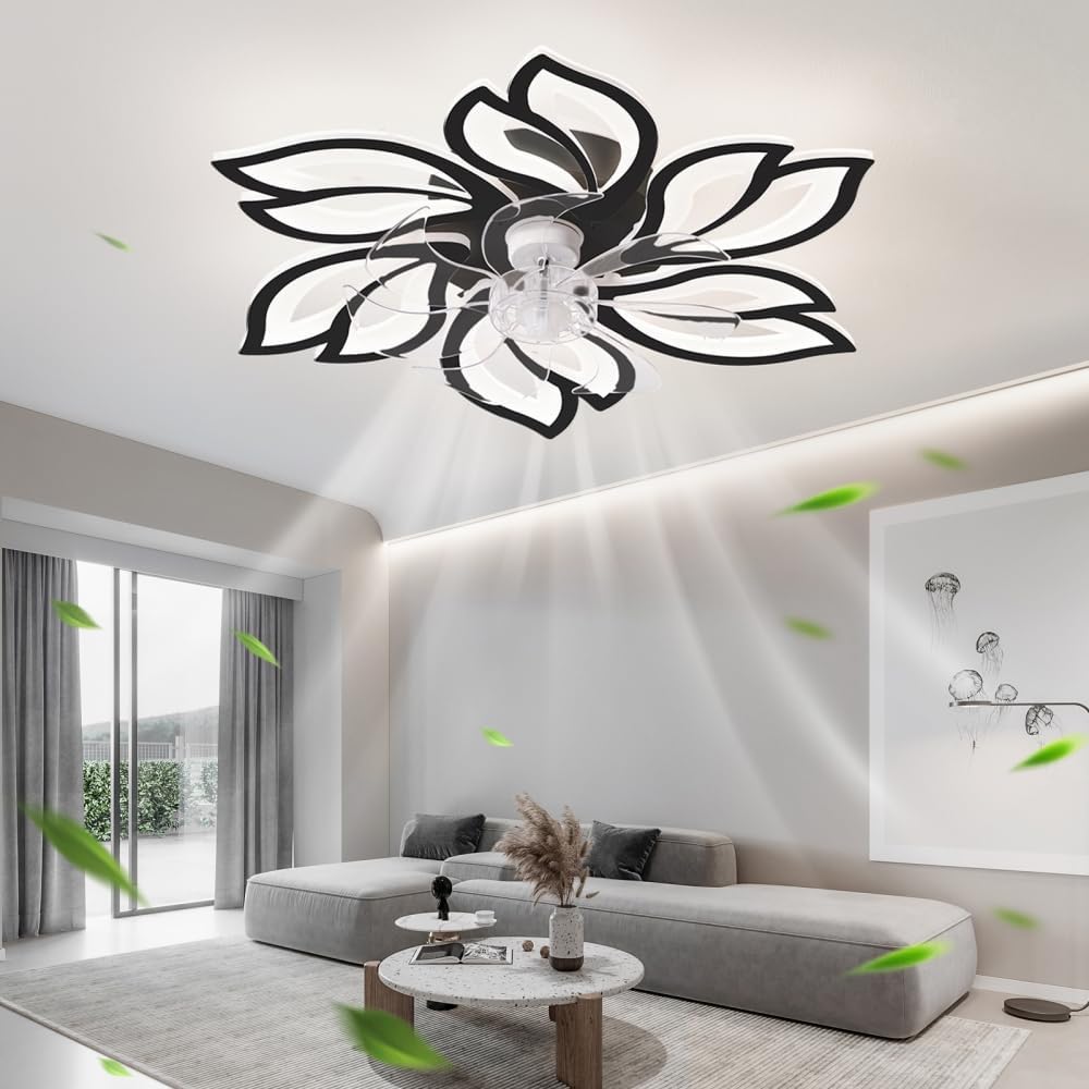 Flower Ceiling Fan Light Fixtures - Fandelier Ceiling Fan with Light & Remote, Modern Ceiling Fan with LED for Bedroom, Kitchen & Living Room | Unique Design (Black + Acrylic + Modern)
