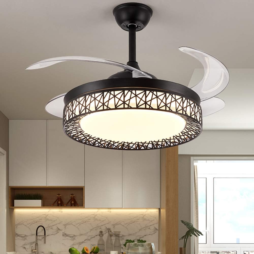 42' Ceiling Fan with Light, Modern Invisible Ceiling Fan Chandelier with Retractable Blade, Dimmable LED 3 Lighting 3 Speeds Change Ceiling Fans Lights with Remote Control (Black)