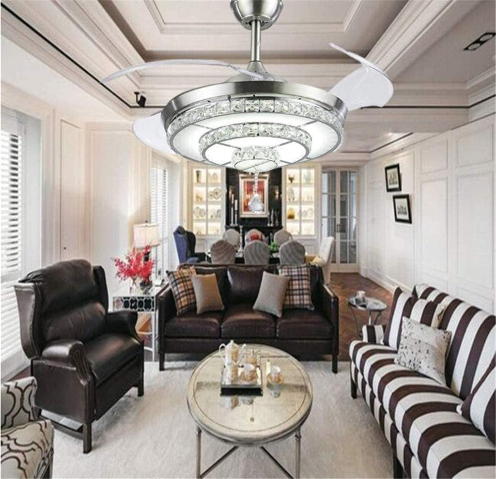 42 Inch LED Crystal Ceiling Fan Light with Remote Control, 3 Color Change 3 Speed Retractable Ceiling Fandelier Lighting for Livingroom Diningroon Bedroom