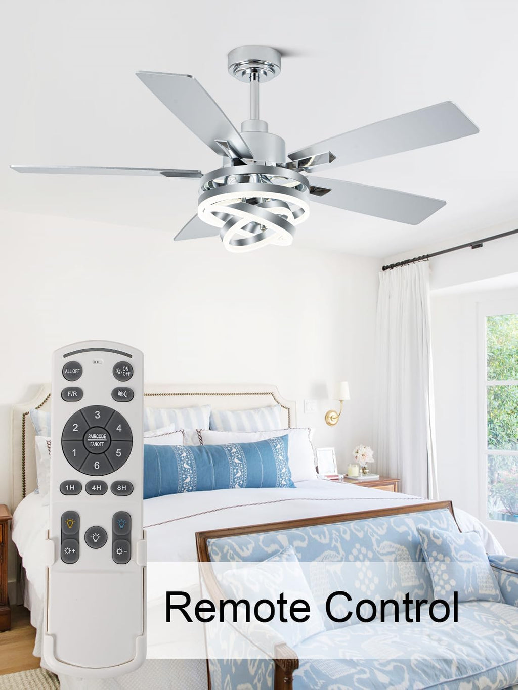 Bella Depot 52' Modern Ceiling Fan with Light, Metal Chandelier Fan with Remote, Rustic Indoor Fandelier with DC Motor for Dining Living Room Bedroom(Chrome)