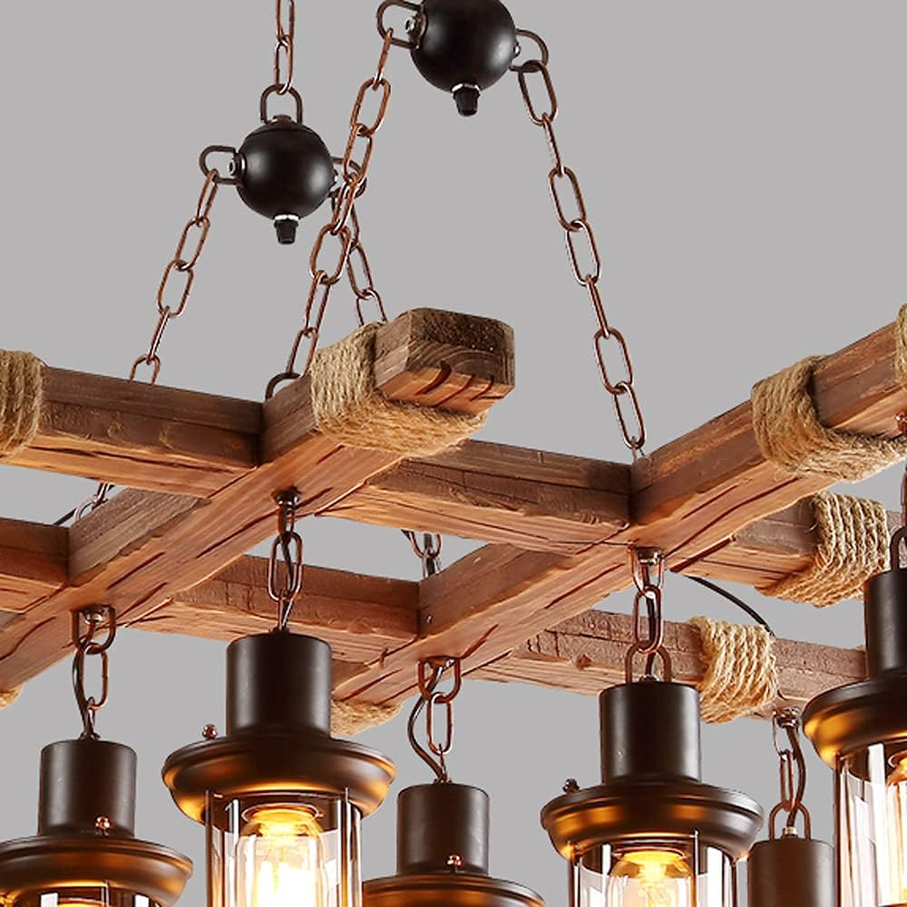 Wooden Hanging Lighting, 8 Lights Metal Chandelier, Industrial Kitchen Island Pendant Lamp, Farmhouse Vintage Pendant Lamp, Retro Ceiling Light, Glass Lampshade, Adjustable Chain (without bulb)