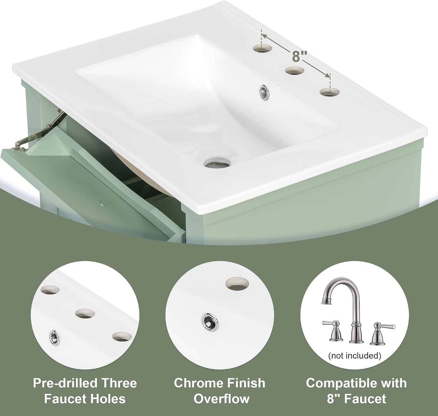 24 Inch Bathroom Vanity with Ceramic Sink Top, Cabinet with Tip-Out Drawer and Door Storage, Solid Wood Roman Legs, Adjustable Shelf, Green