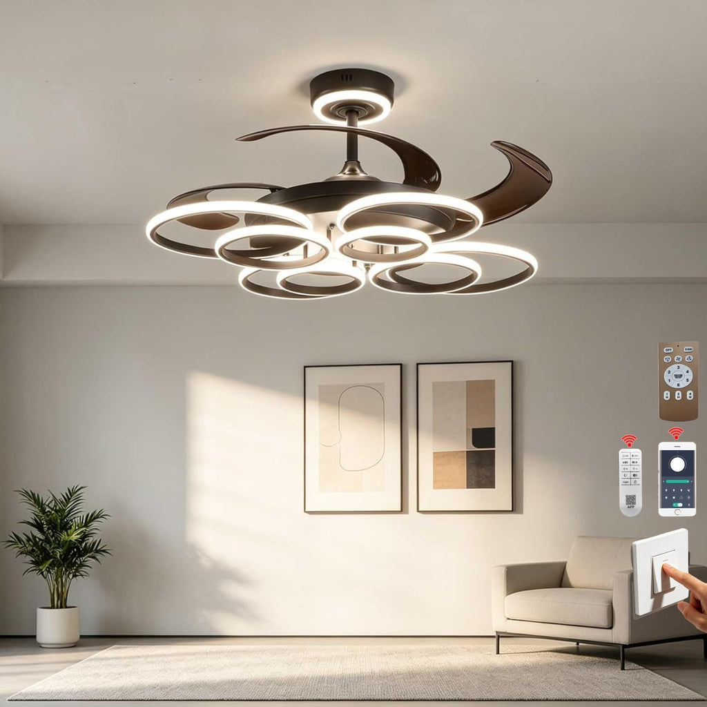 48' Retractable Ceiling Fan with Lights Modern Fandelier Fan Light with Remote Bladeless Fan Ceiling Light for Bedroom Living Room 6 Speed Black (Black RFL25009)