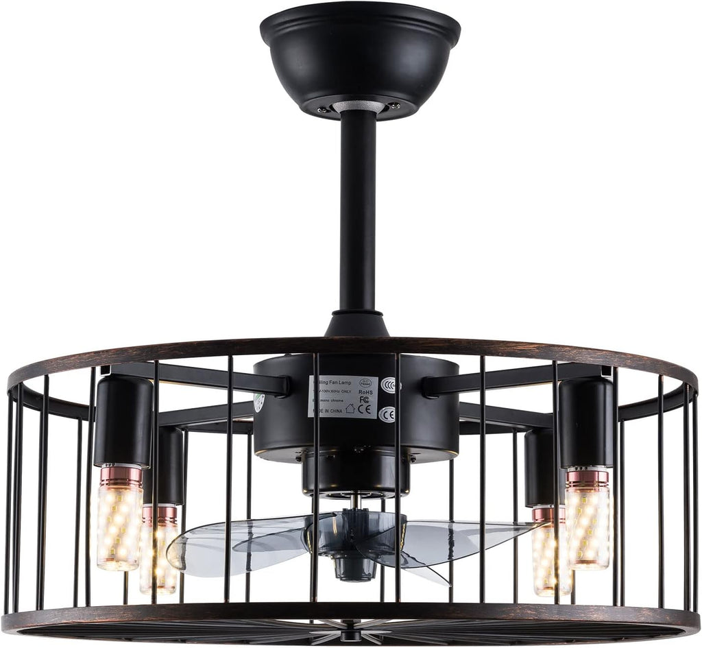LOYALHEARTDY Black Caged Ceiling Fan with Lights Remote Control, 18' Rustic Bladeless Ceiling Fan Kids Fan, Modern Down rod Mount Industrial Bedroom Ceiling Fan