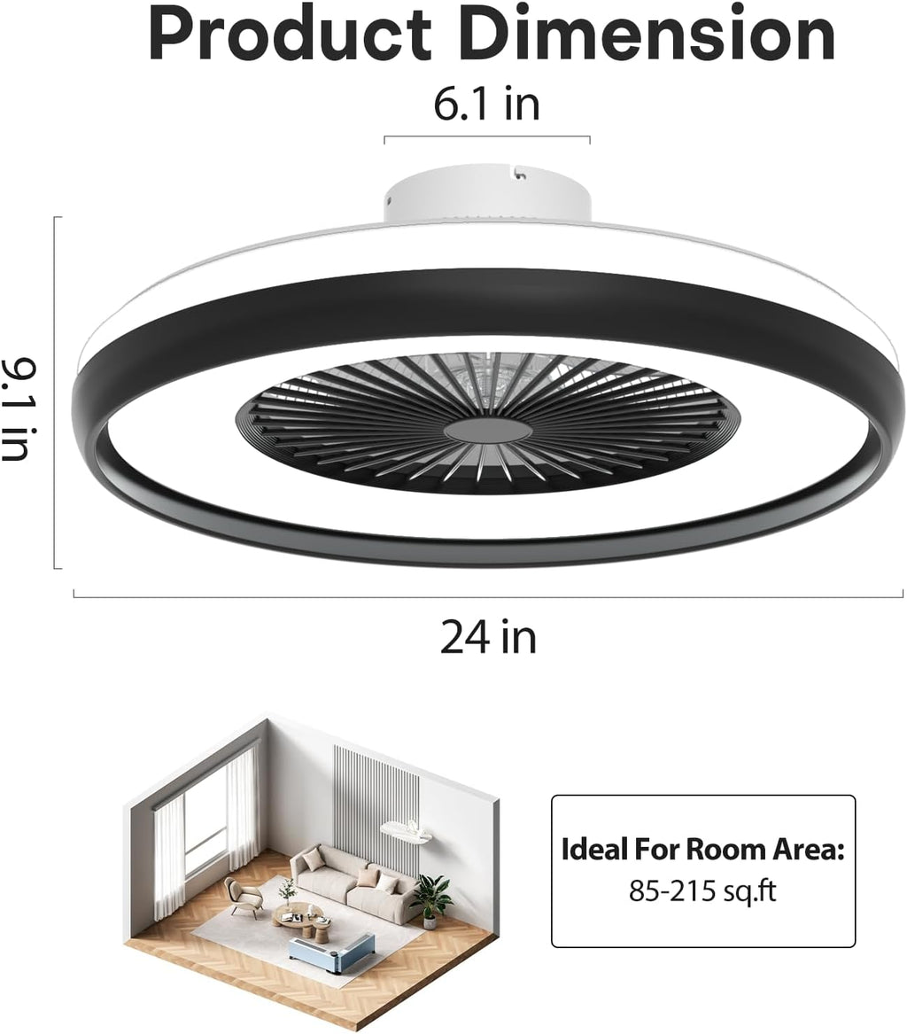 Bladeless Ceiling Fan with Light, 24'' Flush Mount Low Profile Ceiling Fans with Remote & APP Control, 2700-6500K CCT Adjustable, 6 Speeds Dimmable Fan Light for Kids Room, Bedroom, Small Dining Areas