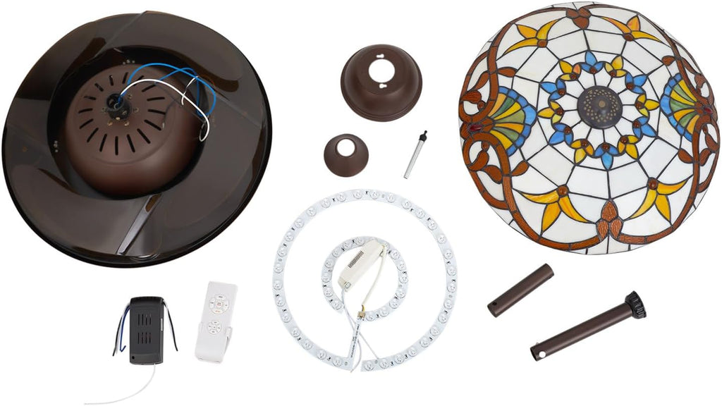 42'' Tiffany Ceiling Fan with Lights, Stained Glass Vintage Ceiling Fan Chandelier, 6 Speed Quiet Indoor Lighting Fixture Retractable Blades with Remote for Bedroom Living Room Hotel