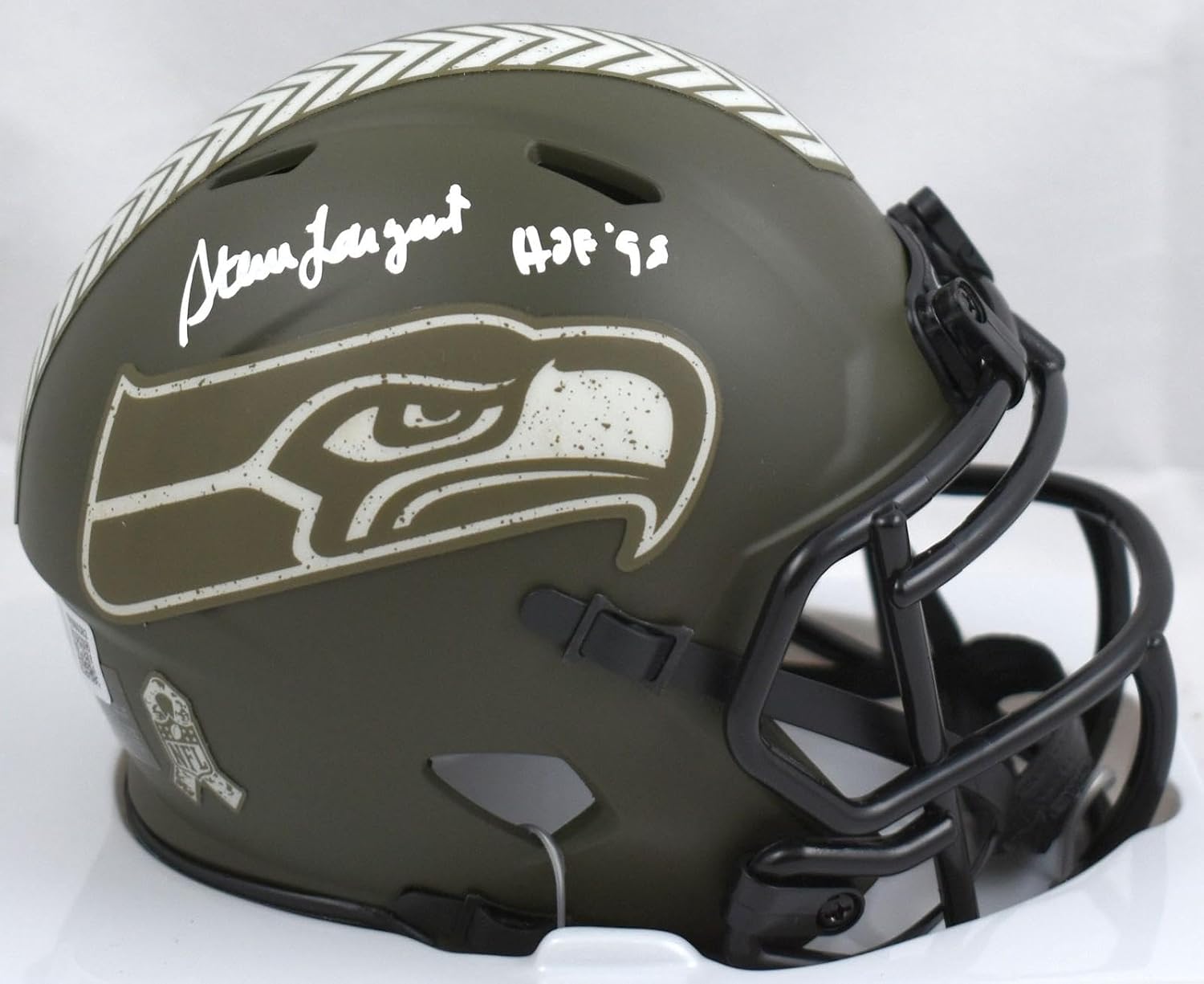 Steve Largent Signed Seahawks Salute to Service Mini Helmet - Beckett W Holo - Autographed NFL Mini Helmets