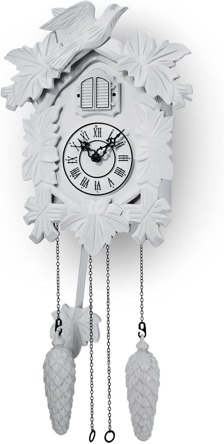 TIMEGEAR Cuckoo Clock with Night Mode, Hand Carved Decorations and Swinging Pendulum (White)