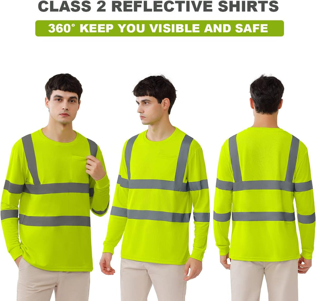 BeautyWill High Visibility Shirts Long Sleeve Class 2 Reflective Shirts ANSI with Pocket Safety Shirts for Men and Women