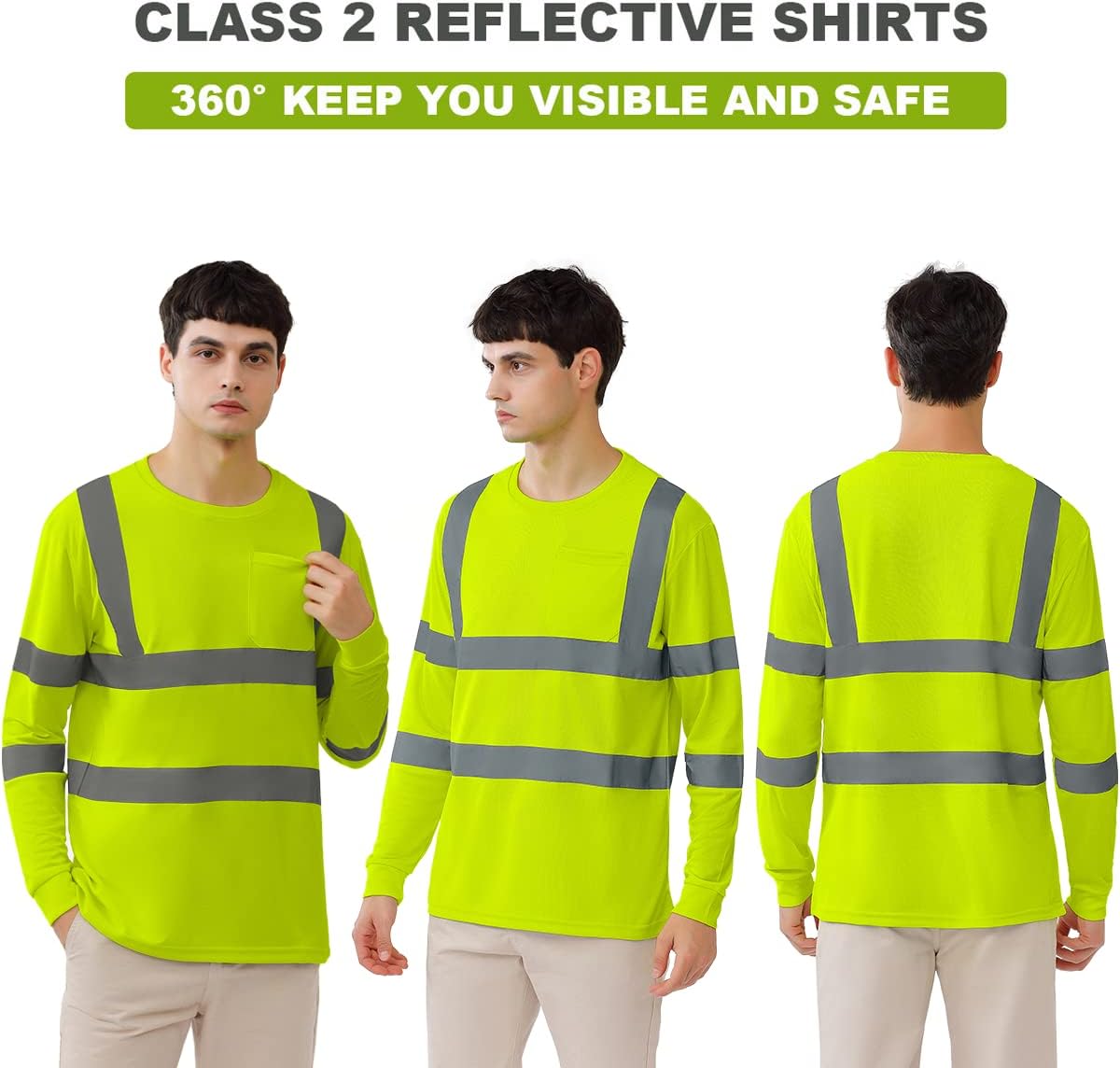 BeautyWill High Visibility Shirts Long Sleeve Class 2 Reflective Shirts ANSI with Pocket Safety Shirts for Men and Women