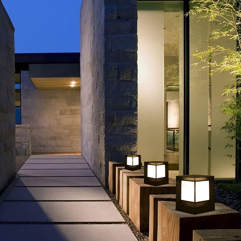 Modern Cube Shape Solar Pillar Lamp Outdoor Waterproof IP55 Column Lamp Aluminum Post Lamp with Acrylic Lampshade Fence Outer Stigma Lamp