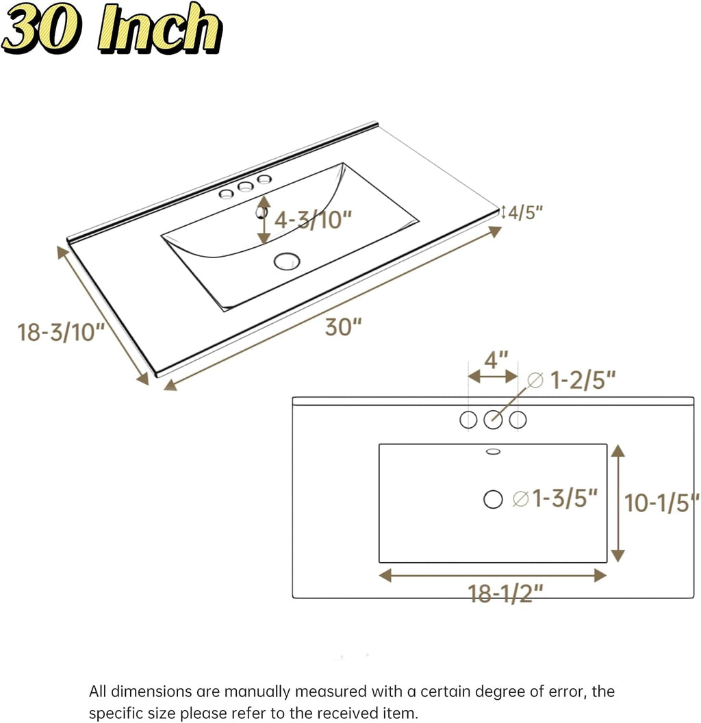 30' Ceramic Bathroom Vanity Sink Top, Modern White Vanity Top for cabinet with Triple Faucet Holes