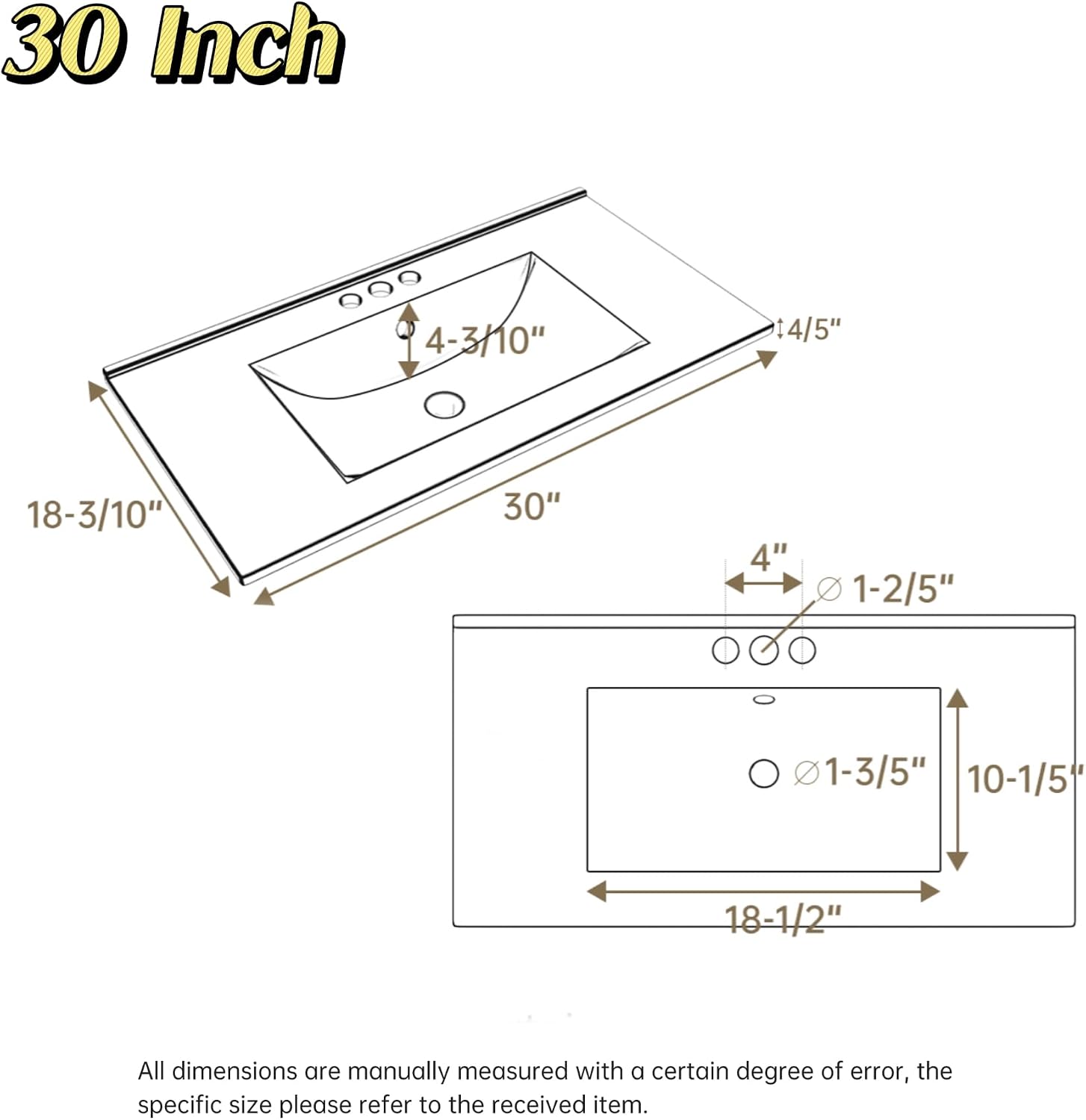 30' Ceramic Bathroom Vanity Sink Top, Modern White Vanity Top for cabinet with Triple Faucet Holes