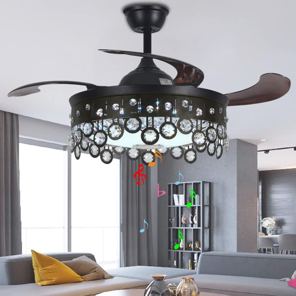 42' Chandelier Ceiling Fan with Speaker and 7 Colorful Dimmabel Light, Retractable Ceiling Fan with Remote Control 3 Speed Black Fandelier for Dining/Living Room