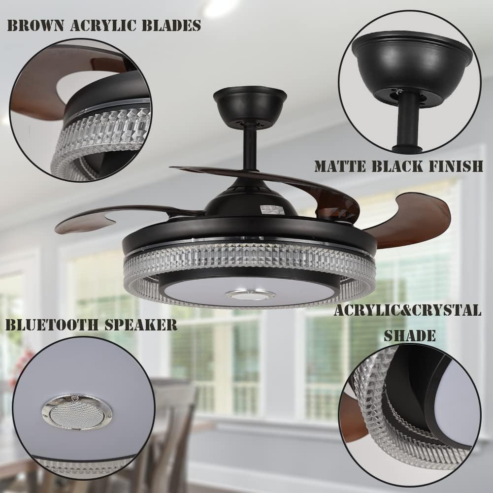 Fandian 42' Smart Ceiling Fan with Lights Bluetooth Speaker Chandelier, Modern Black Fandeliers with APP RGB Dimmable Colors, Reversible 6-Speed Lighting Fixtures for Living Bedroom