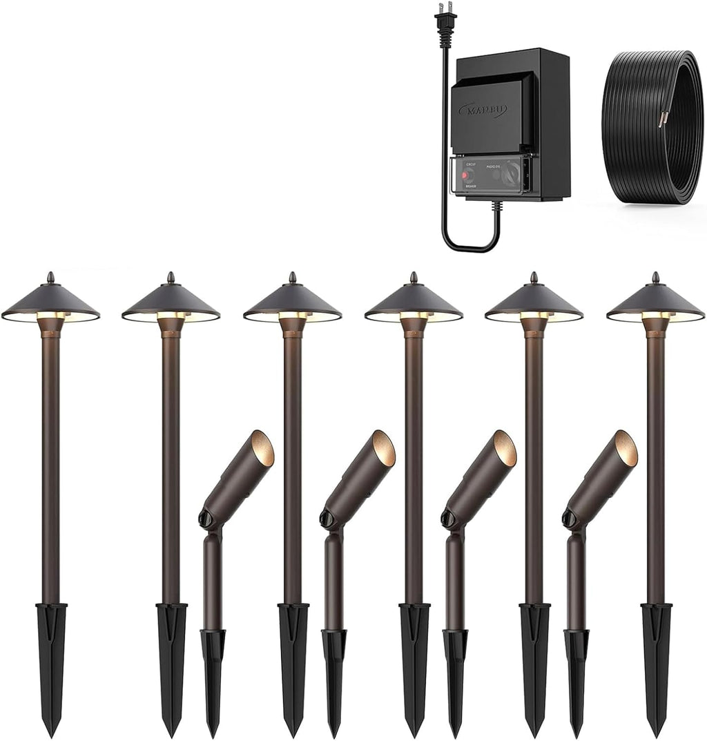 10PK Low Voltage Landscape Lighting Kit 6PCS 10W Path Lights 4PCS 20W Spotlights 75Feet Electrical Wire and 150W 12V Transformer 9903-10