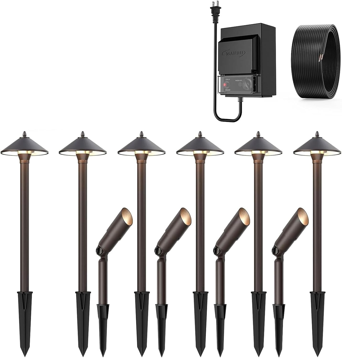 10PK Low Voltage Landscape Lighting Kit 6PCS 10W Path Lights 4PCS 20W Spotlights 75Feet Electrical Wire and 150W 12V Transformer 9903-10