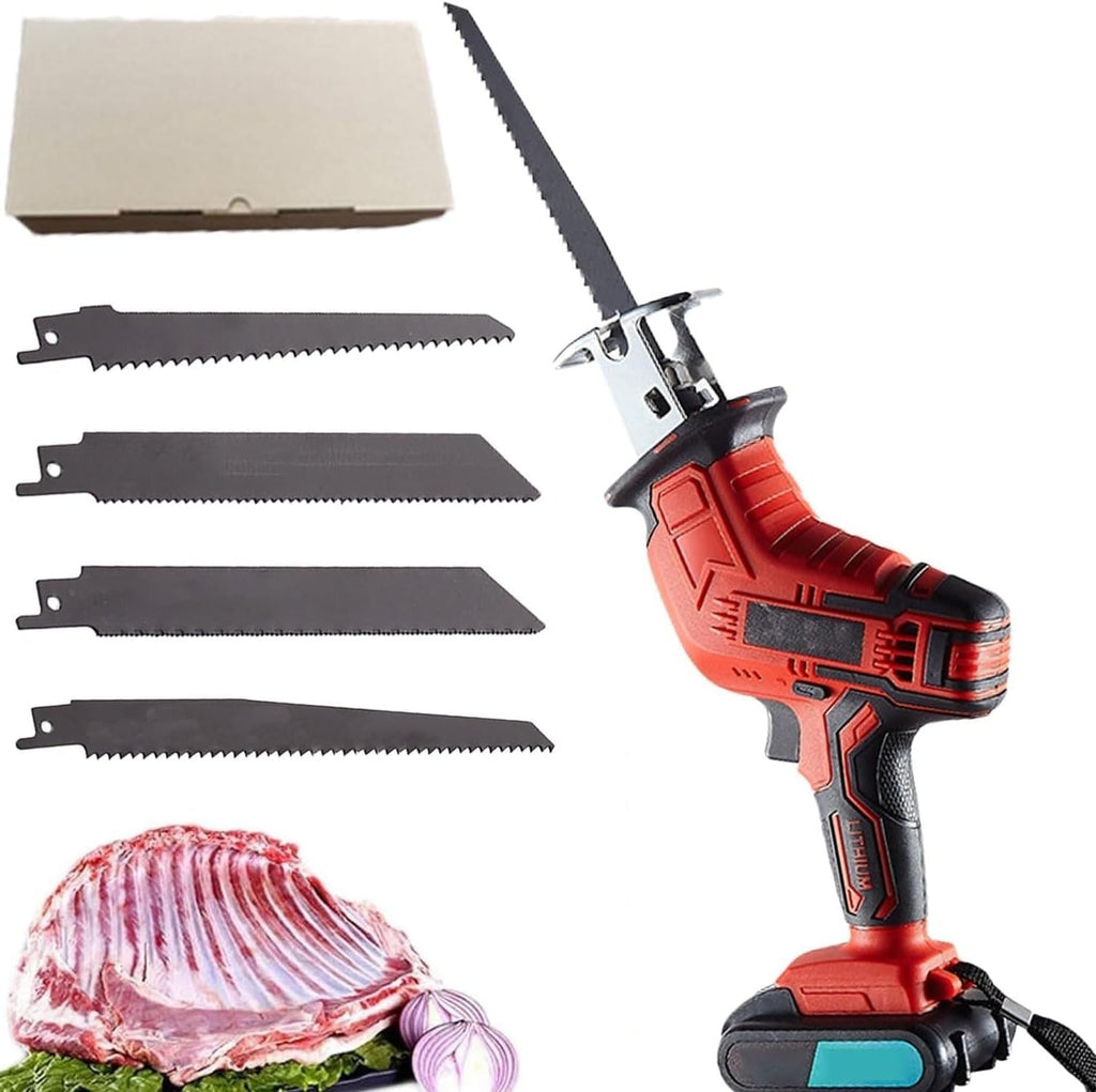 Cordless Electric Bone Saw, Reciprocating Cutting Machine with LED Light, 4 Saw Blades, 3000RPM Handheld Butcher Tool for Wood, Metal, PVC Cutting