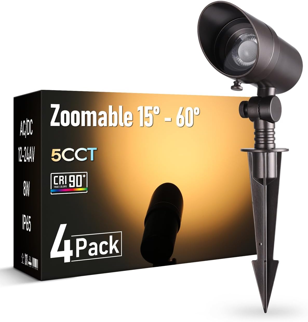 LEONLITE 5CCT LED Landscape Spotlight, 15°-60° Adjustable Beam Angle, 8W Low Voltage Spot Light with Stepless Adjustment, 12-24V AC/DC, Aluminum, IP65 Waterproof, Oil Rubbed Bronze, Pack of 4