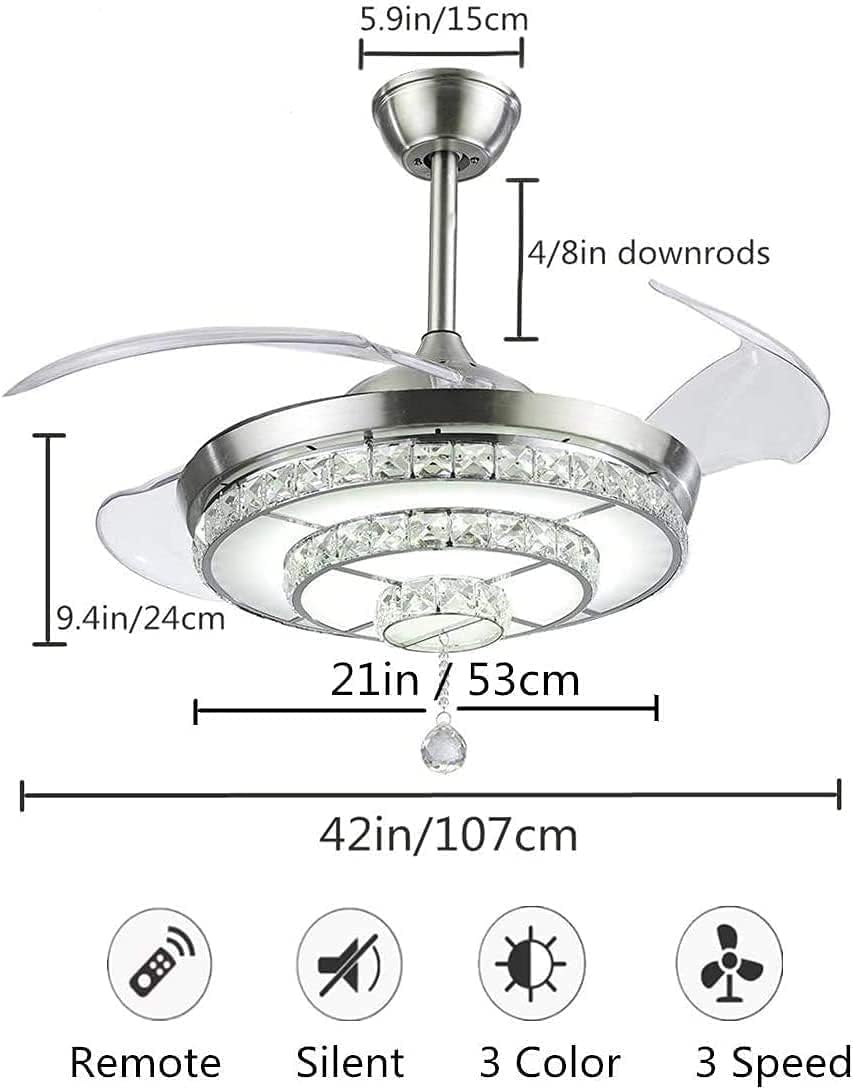 RuiWing 42' Crystal Ceiling Fan with LED Light and Remote Control Retractable Fandelier 3 Colors 3 Speeds with Silent Motor Luxury Fandelier for Bedroom Indoor Living Dining Room