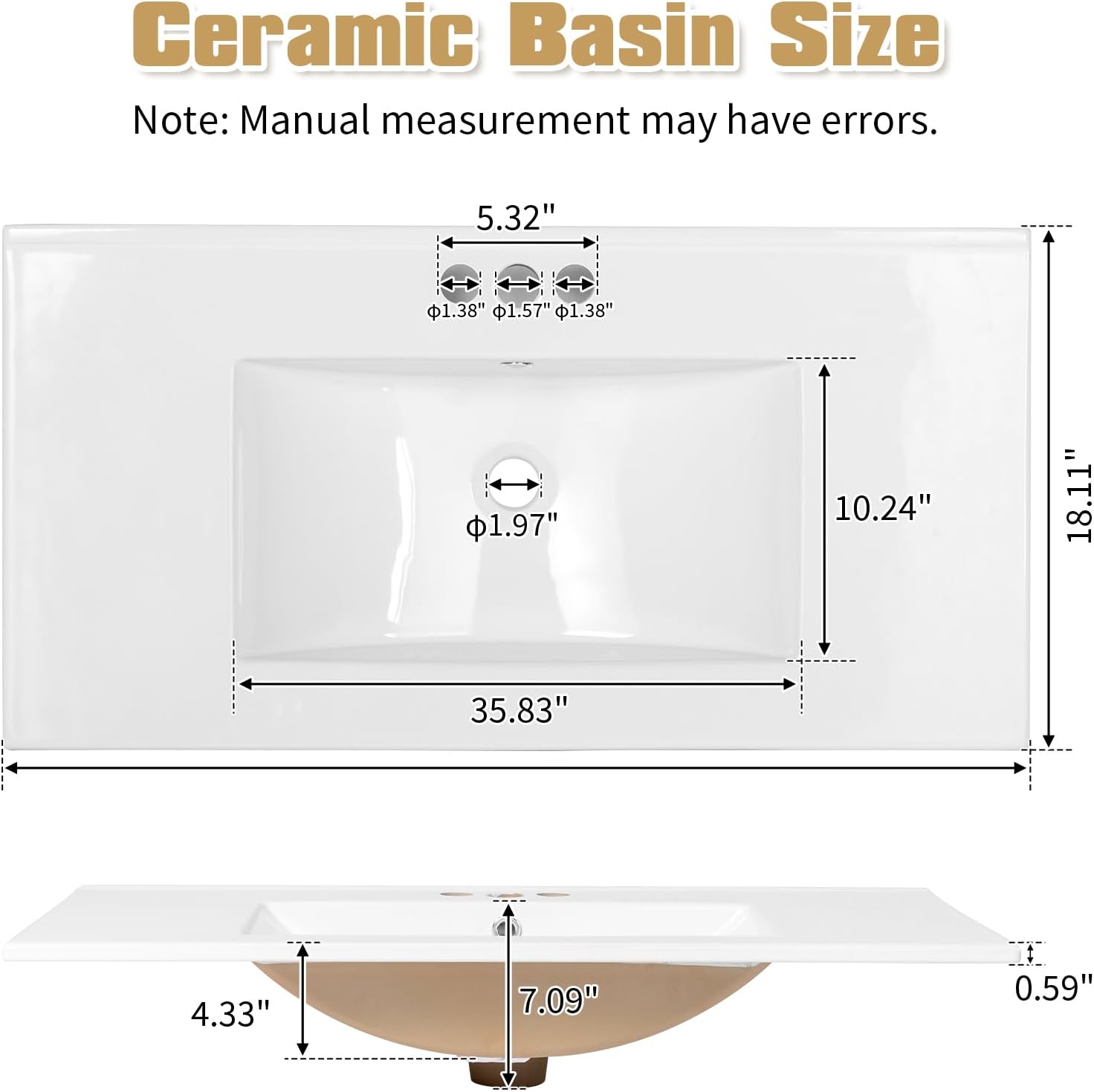 VINGLI 36 In Vanity Top Sink, 3 Pre-Drilled Standard 1 3/8' Faucet Holes,1 3/4' Diameter of Center Hole,Modern Rectangular Ceramic Single Sink Basin Vanity Top, 36' W x 18 1/3' D x 7' H,White