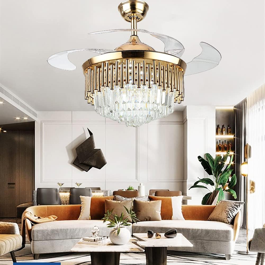 Fandian Crystal Ceiling Fan with Light Remote Control Fandelier, Modern Retractable Luxury Chanmdeliers Fan with 3 Color Change LED Light 3 Speed for Living Room Bedroom