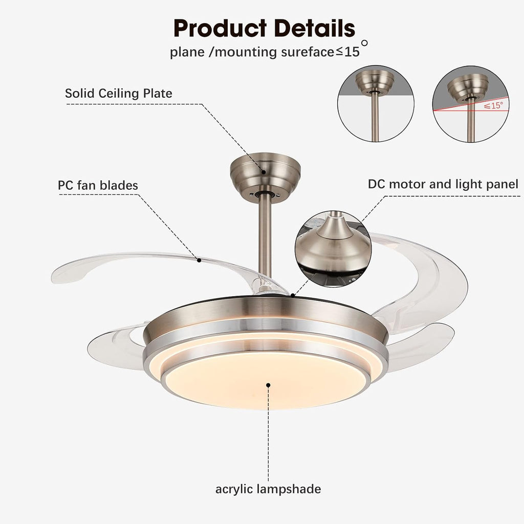 48 Inch Retractable Ceiling Fans with Lights, Modern Fandelier Ceiling Fan with Remote and App Control, 3 Color Dimmable, 6 Speeds Reversible, for Bedroom/Living Room/Office (Brushed Nickel)