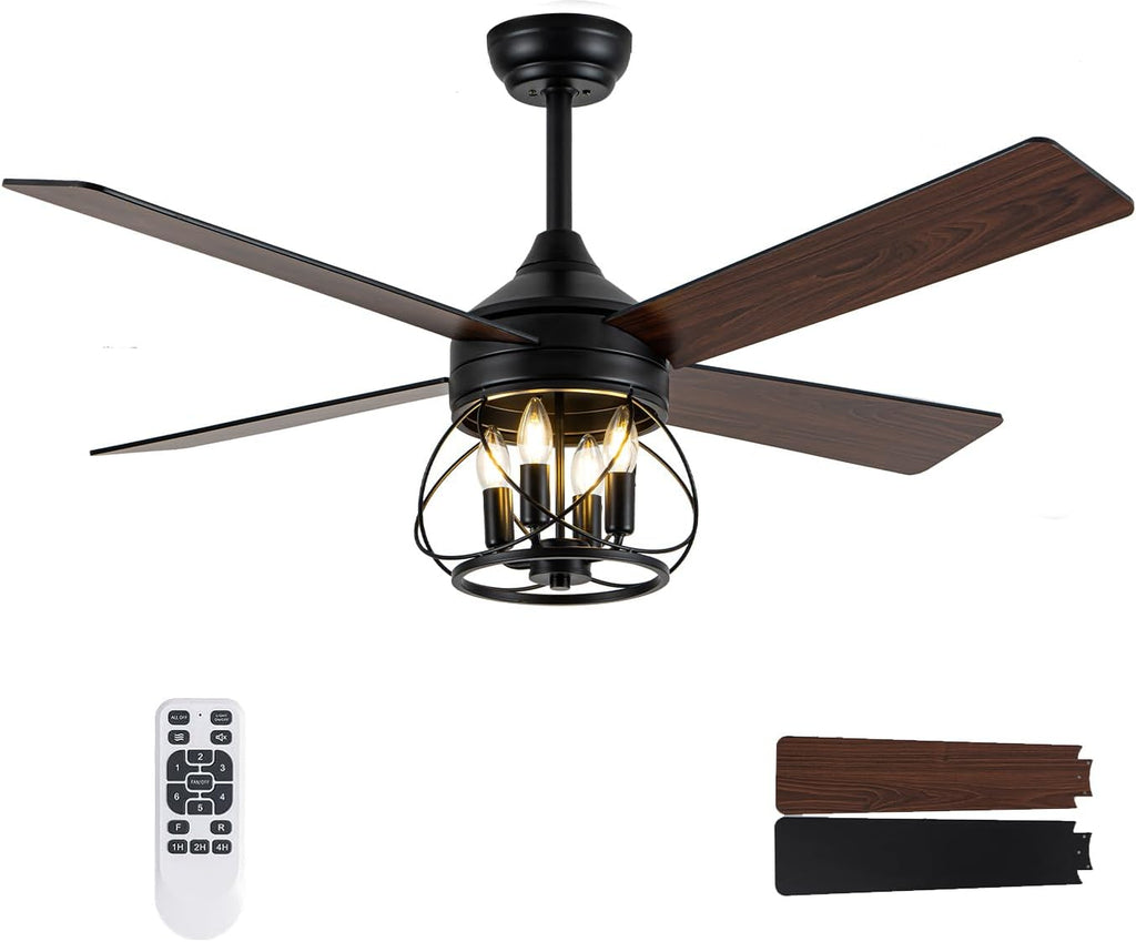 52 Inch Farmhouse Ceiling Fan with Light and Remote Industrial Ceiling Fan Quiet and Reversible DC Motor Rustic Caged Chandelier Fan for Living Room Bedroom Patio