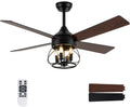 52 Inch Farmhouse Ceiling Fan with Light and Remote Industrial Ceiling Fan Quiet and Reversible DC Motor Rustic Caged Chandelier Fan for Living Room Bedroom Patio