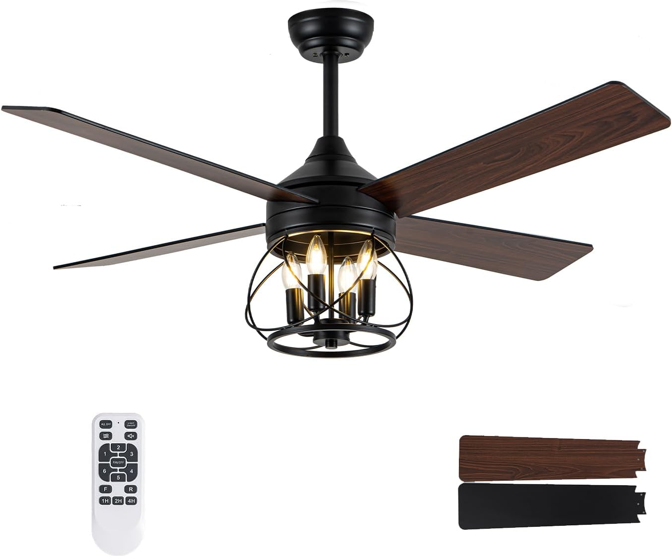 52 Inch Farmhouse Ceiling Fan with Light and Remote Industrial Ceiling Fan Quiet and Reversible DC Motor Rustic Caged Chandelier Fan for Living Room Bedroom Patio