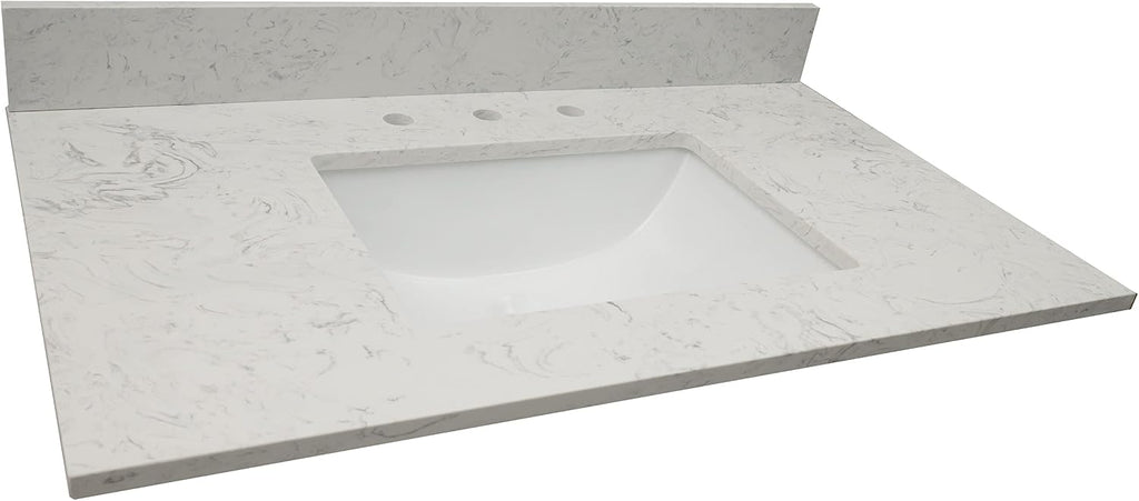 MSI Carrara Sky Vanity Top with Under Mount Rectangle Ceramic Sinks, Engineered Marble Stone, 4' CC Faucet Holes, 37'X22'